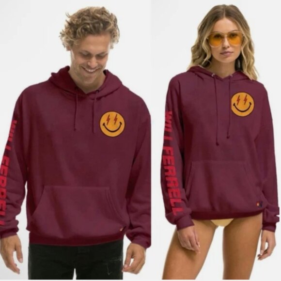 Aviator Nation Will Ferrell Bolt Smiley Relaxed Pullover Hoodie Plum Large - Picture 1 of 11